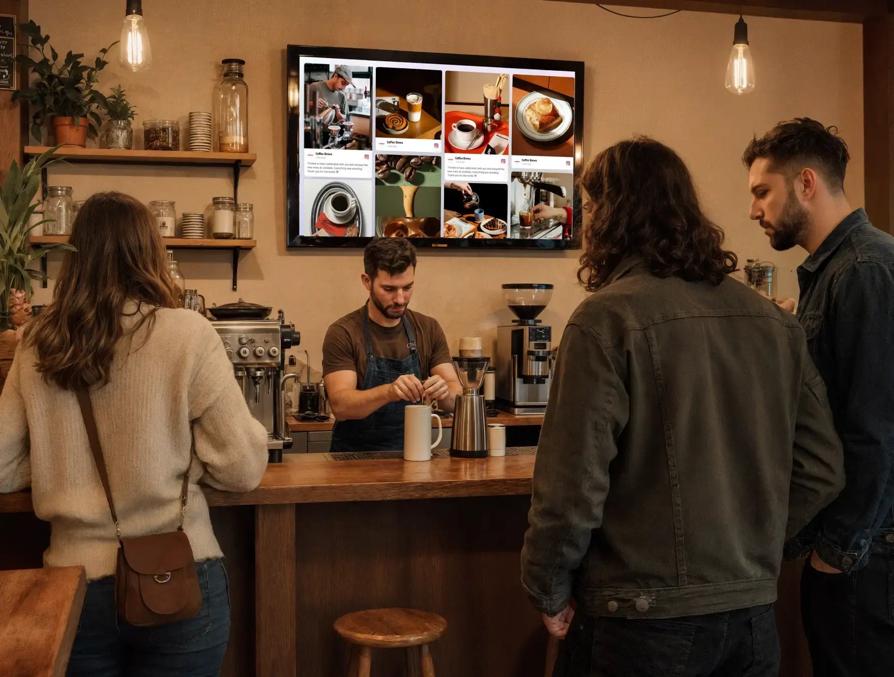 Cafe or restaurant bar with digital signage in the background and people ordering coffee