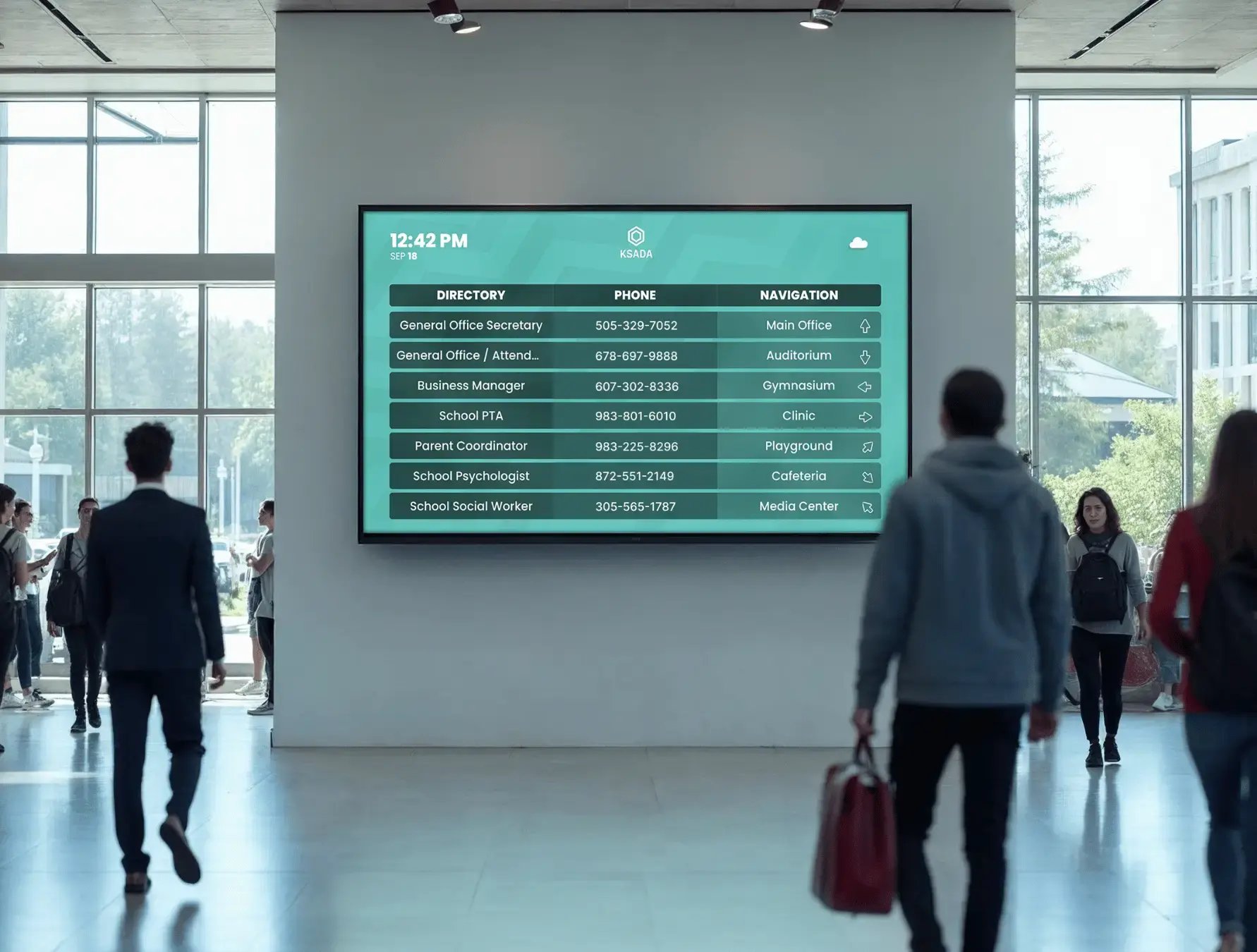 Internal lobby of a large higher education building with a large digital display showing building directory