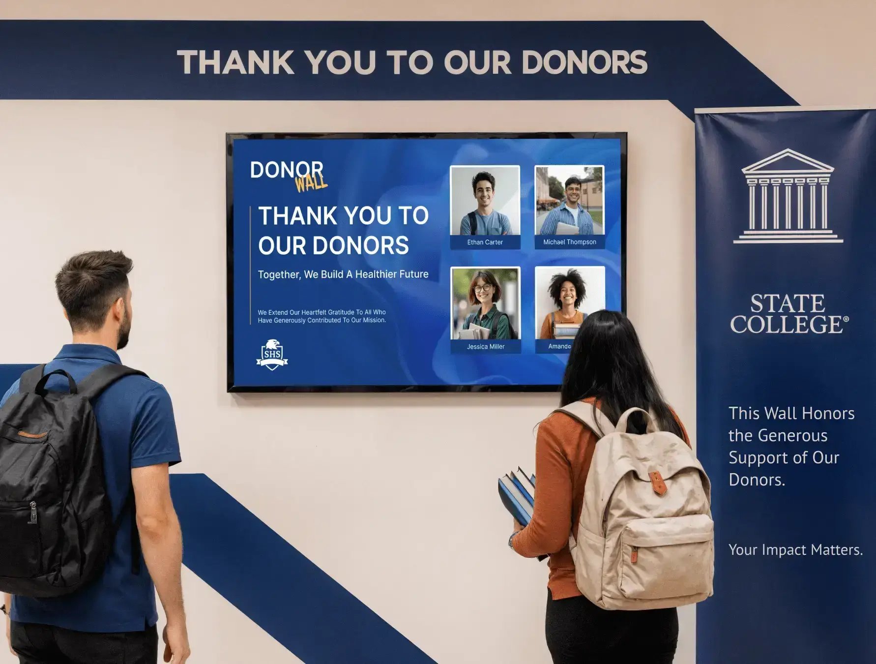 A digital display showing donor information at a state college with students viewing the display