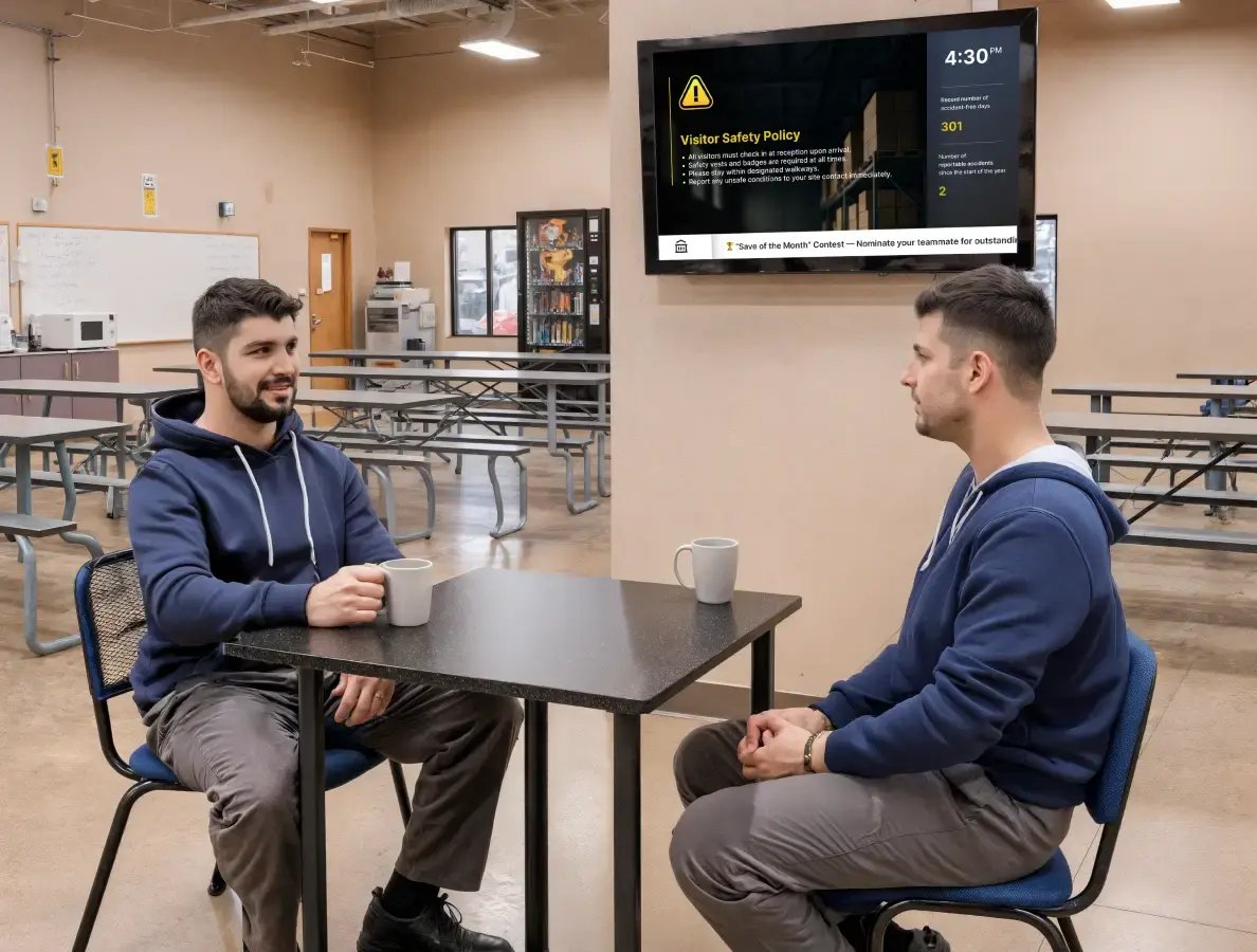 A digitial information board posted in a cafeteria with two males at a coffee table