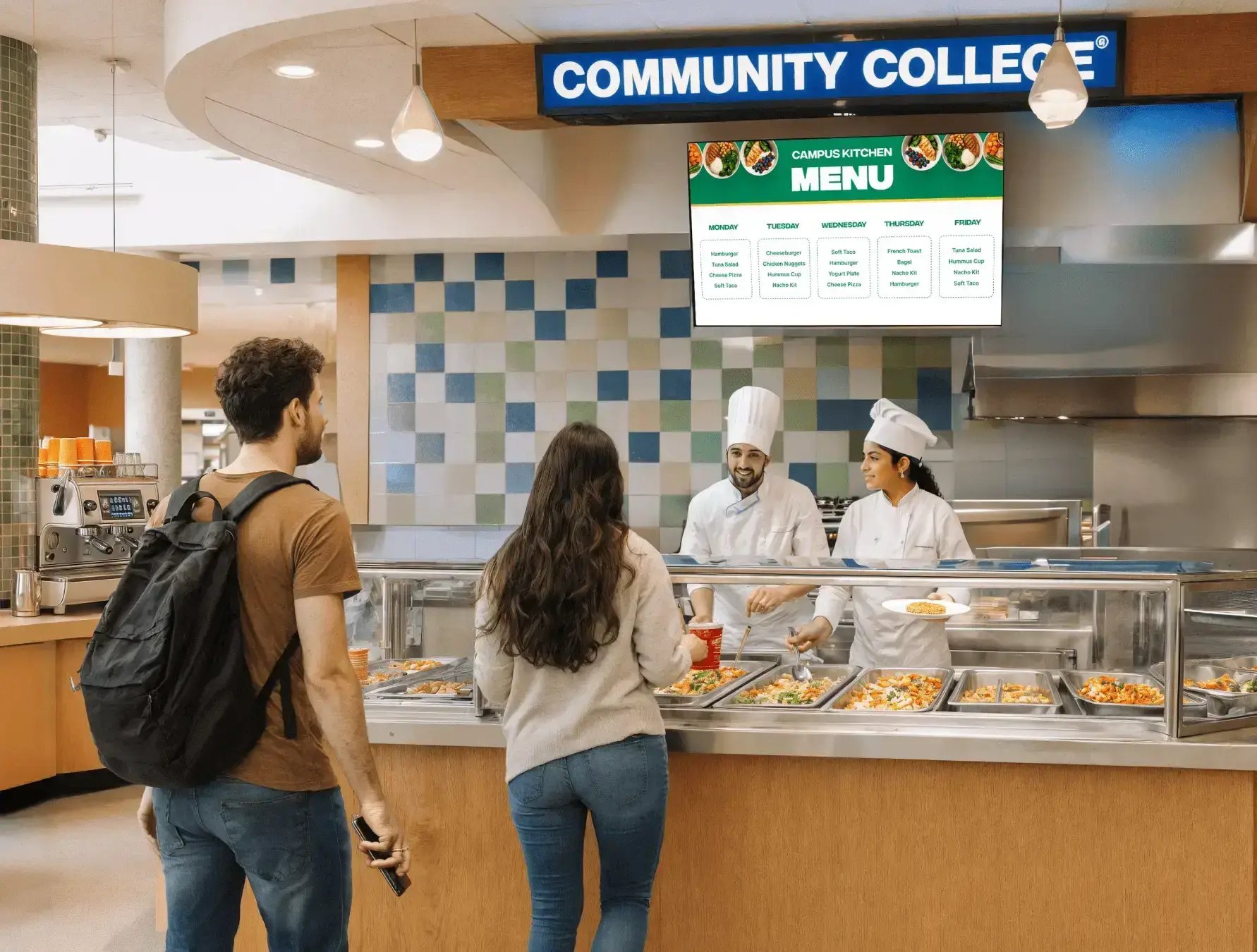 A digital menu board inside a community college where two students are placing an order in the cafeteria