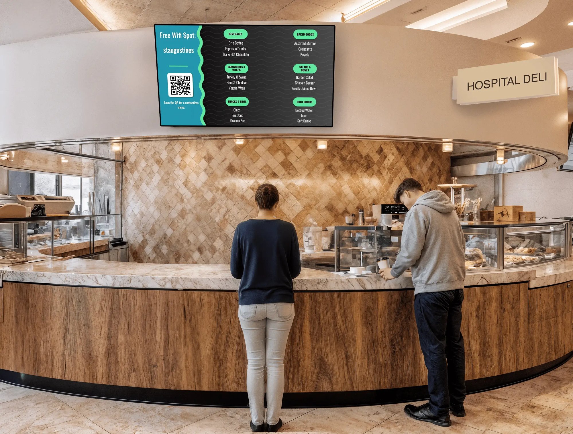 Digital menu boards in the cafeteria of the hospital