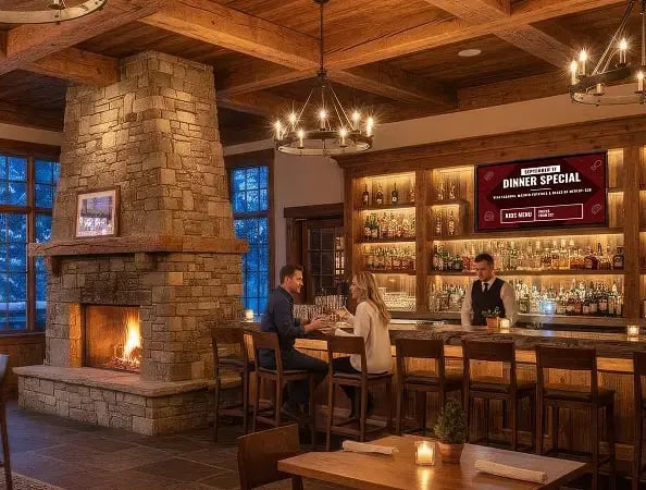 Digital menu board in the bar of a cottage with a couple drinking