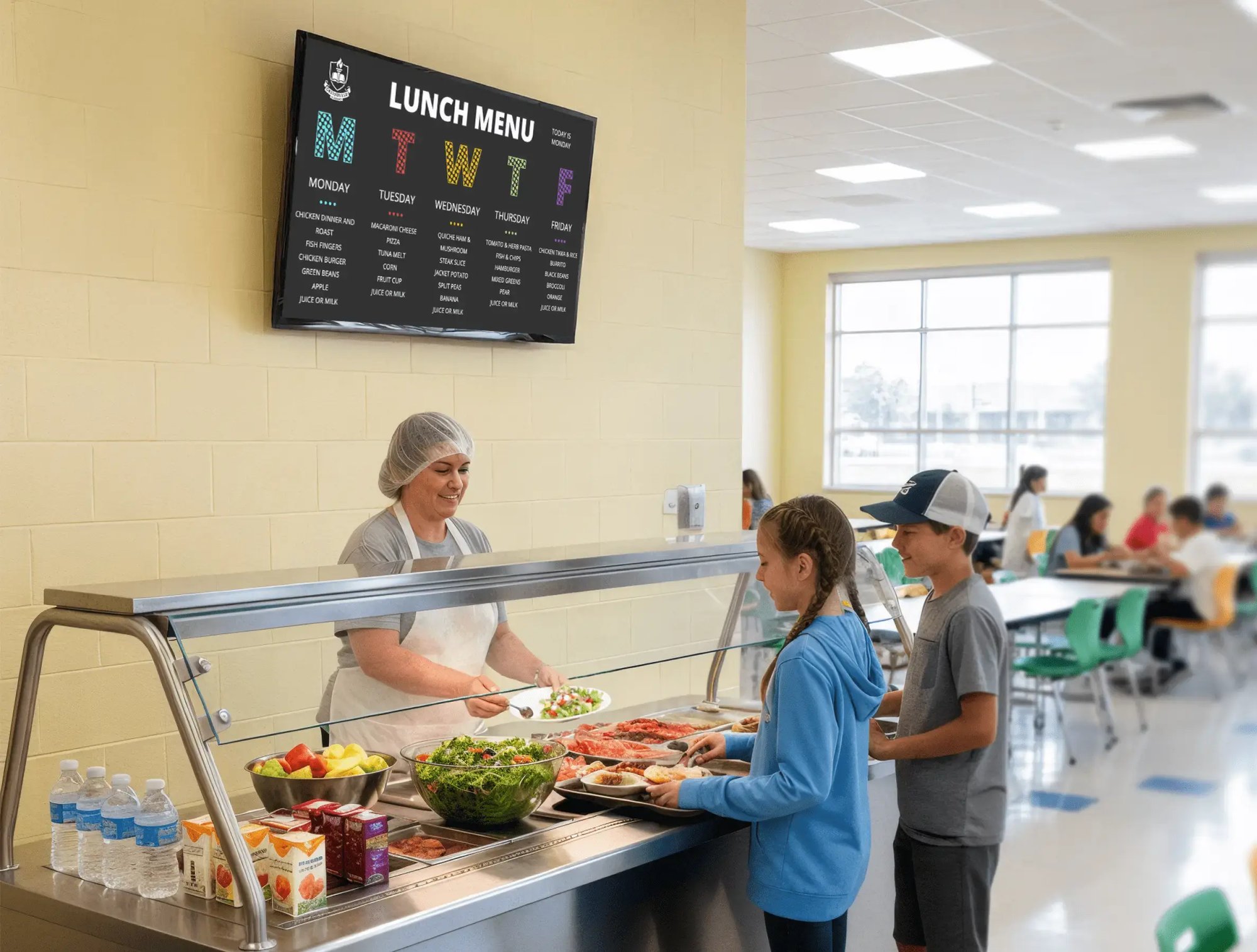 Digital menu board in school lunchroom