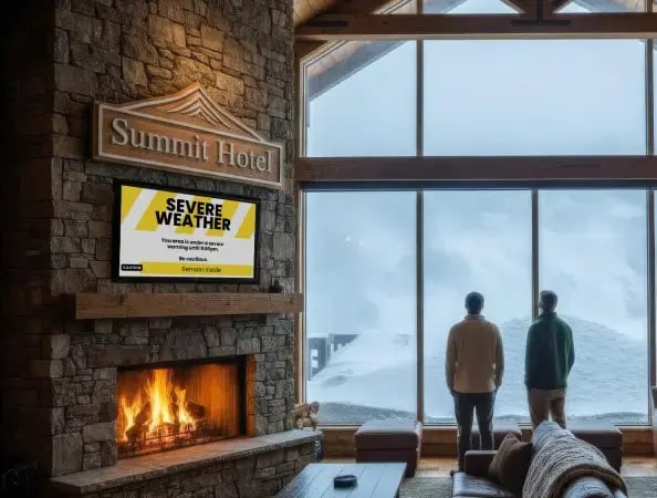 Two men staring outside large windows in a cottage at the snowy sky. A large digital display above a fireplace indicates severe weather conditions