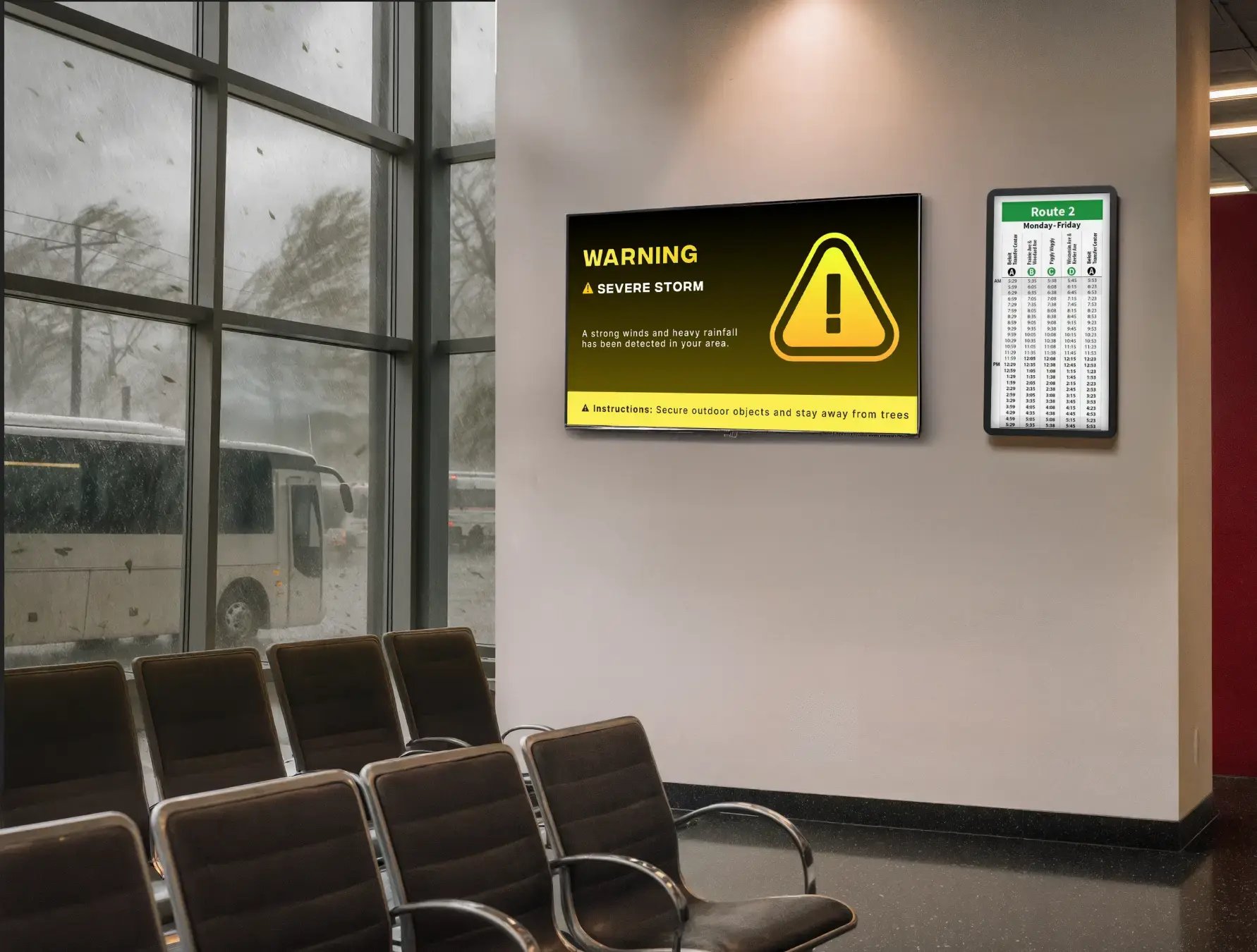 Safety and compliance digital signage mounted on a wall inside a seating area
