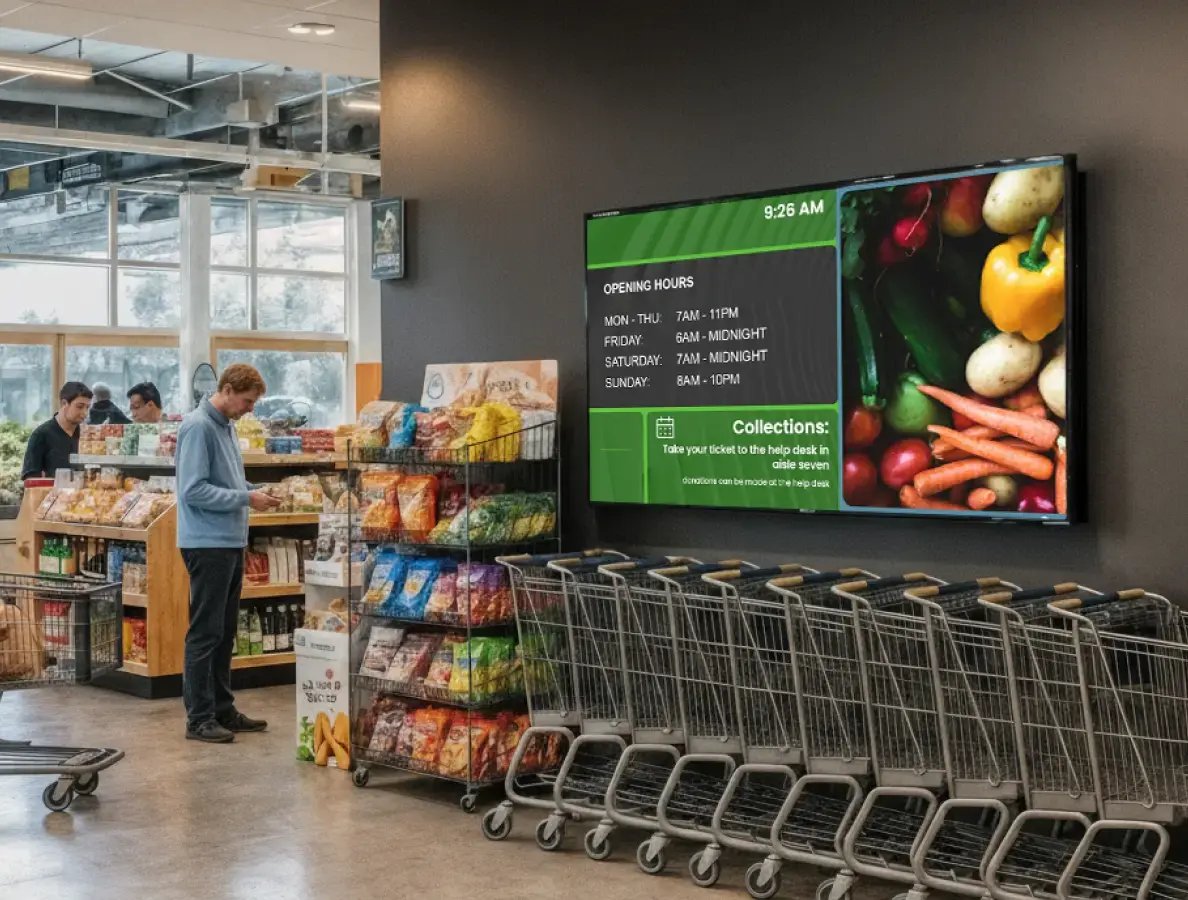 Digital information boards above carts and buggies in a grocery store