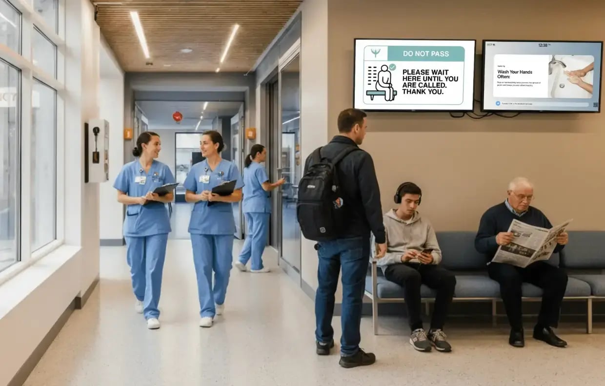 A hospital interior with a lobby and digital signage