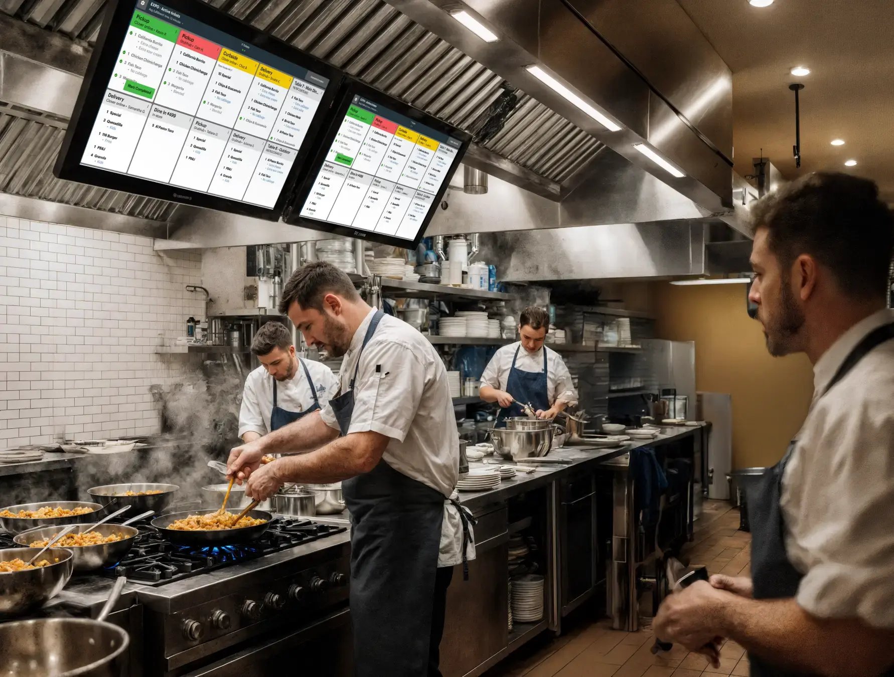 Kithcen digital display above the stoves while chefs work