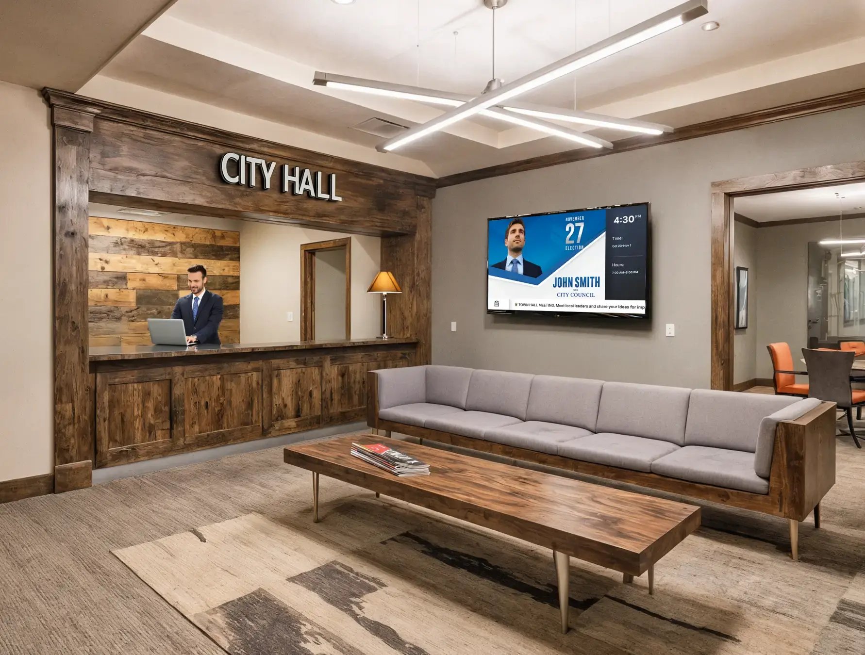 City hall lobby area posting a digital signage tv