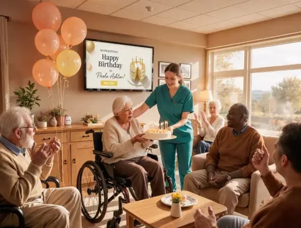 Seniors celebrating life at a senior facility with digital signage
