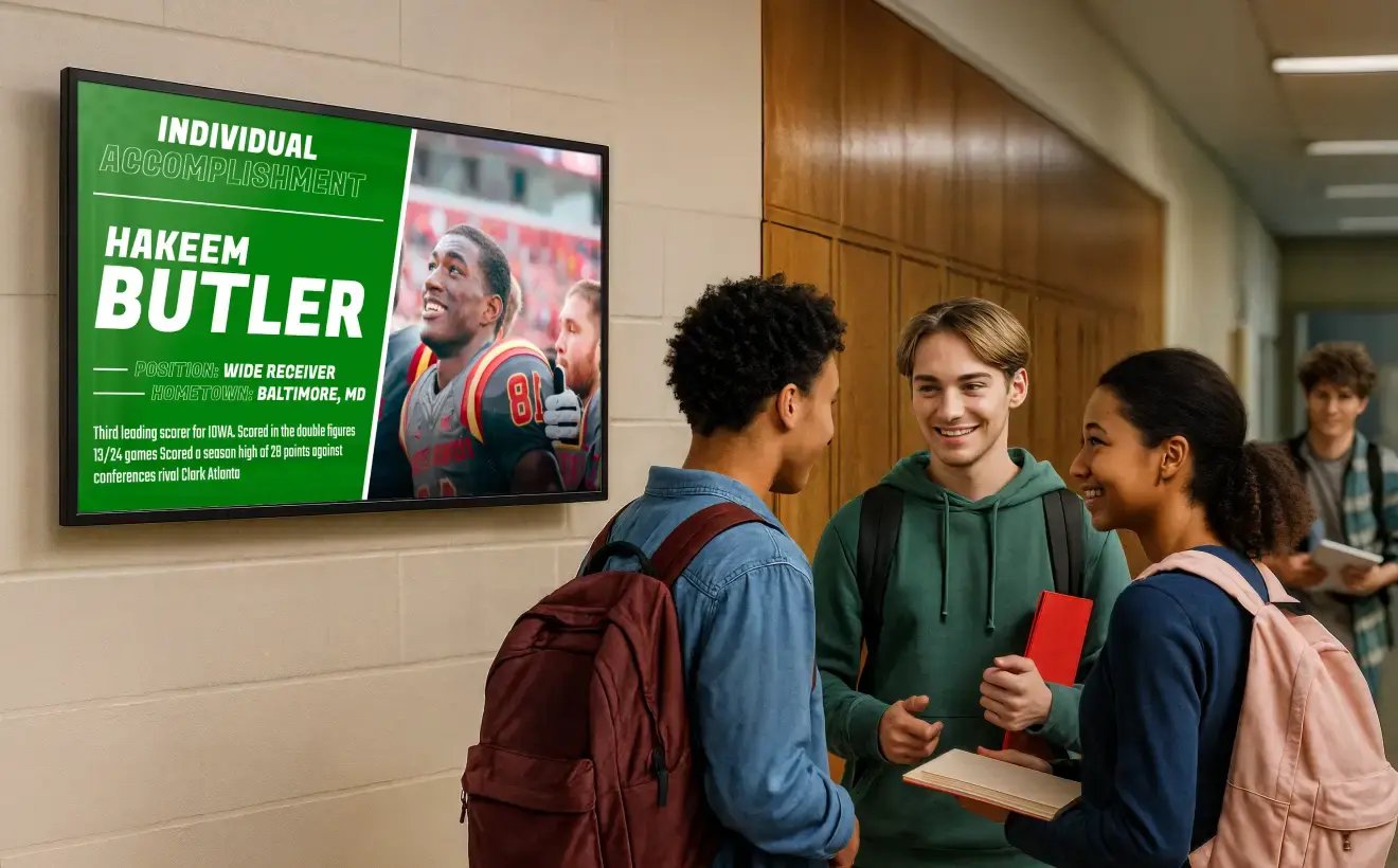 Students chatting in a school hallway with a digital hall of fame board mounted on the wall
