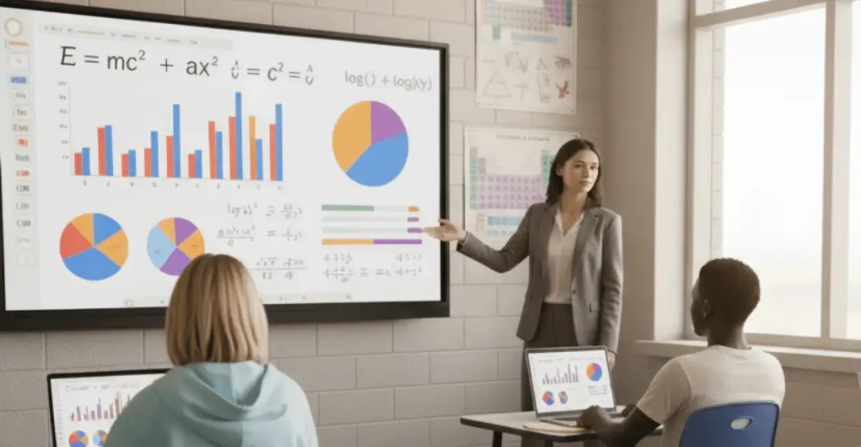 A teacher standing at the front of a classroom screen sharing a lesson on an IFP
