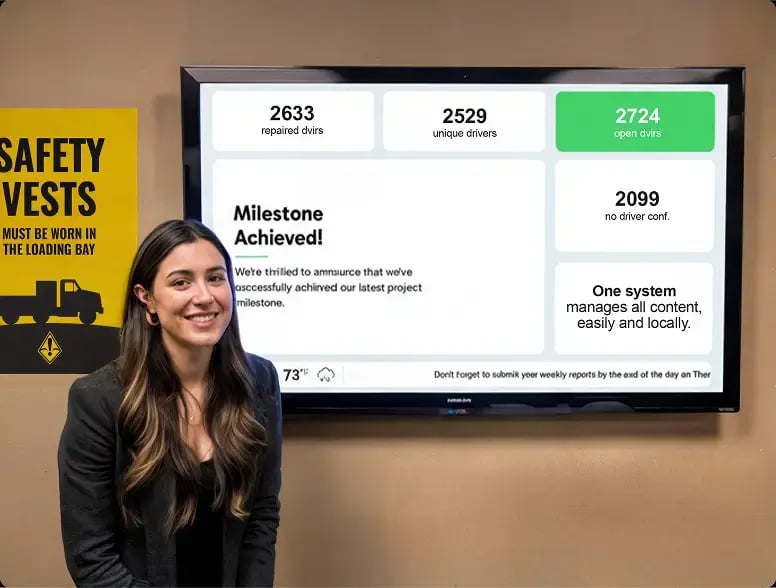 A female standing in front of a TV displaying a dashboard