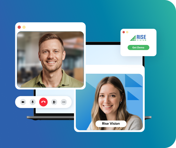 A female Rise Vision account executive on a virtual conference call presenting a demo