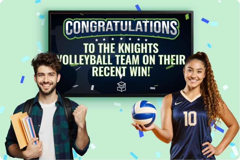 A male college grad and female college athele standing in front of a display tv