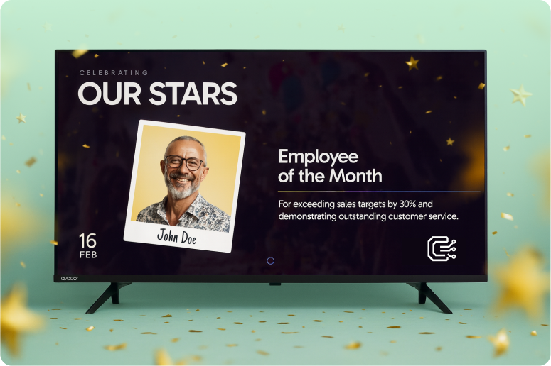 A large tv displaying employee of the month