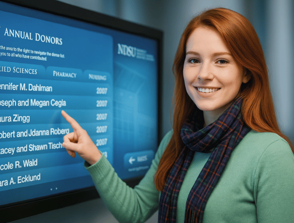 A red headed female wearing a green sweater pointing to a digital display signage