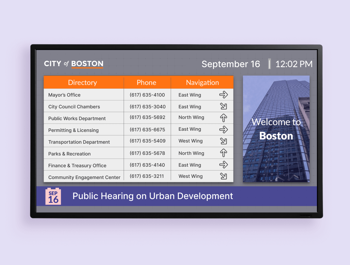 A digital signage display showing phone numbers and information for the City of Boston