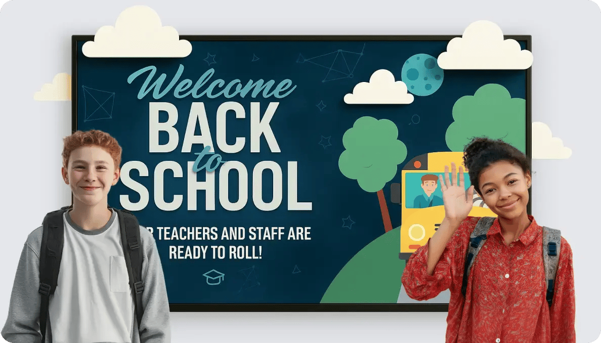 Male and female sudent standing in front of a large TV display with back to school messaging