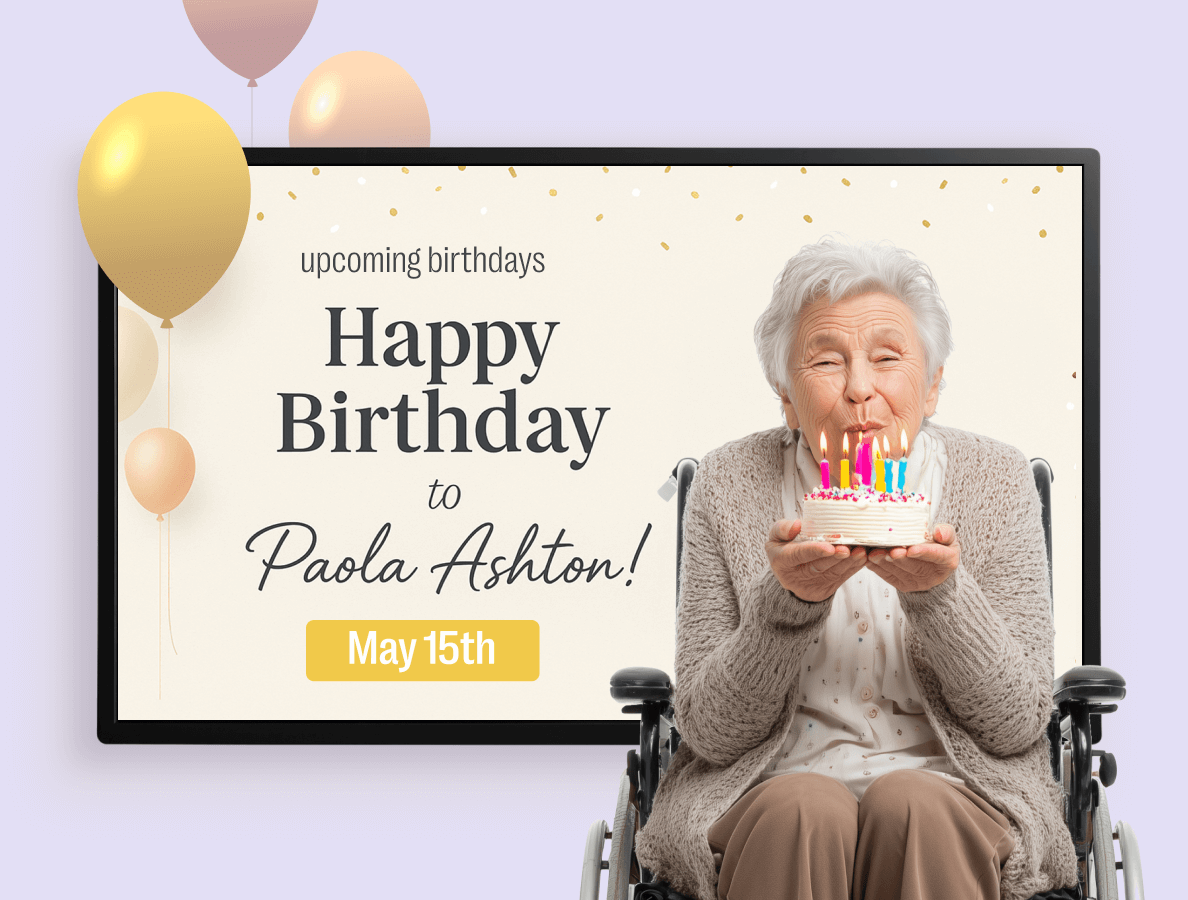 A senior female in a wheelchair blowing birthday cake candles in front of a birthday digital signage display template