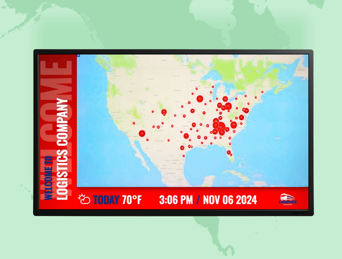 A digital signage display showing logistic companies on a map of continental America