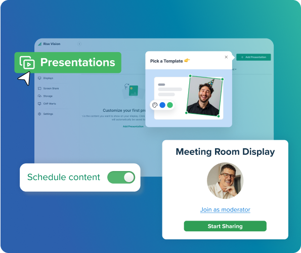 Graphic displaying ease of use for Rise Vision presenation and scheduling