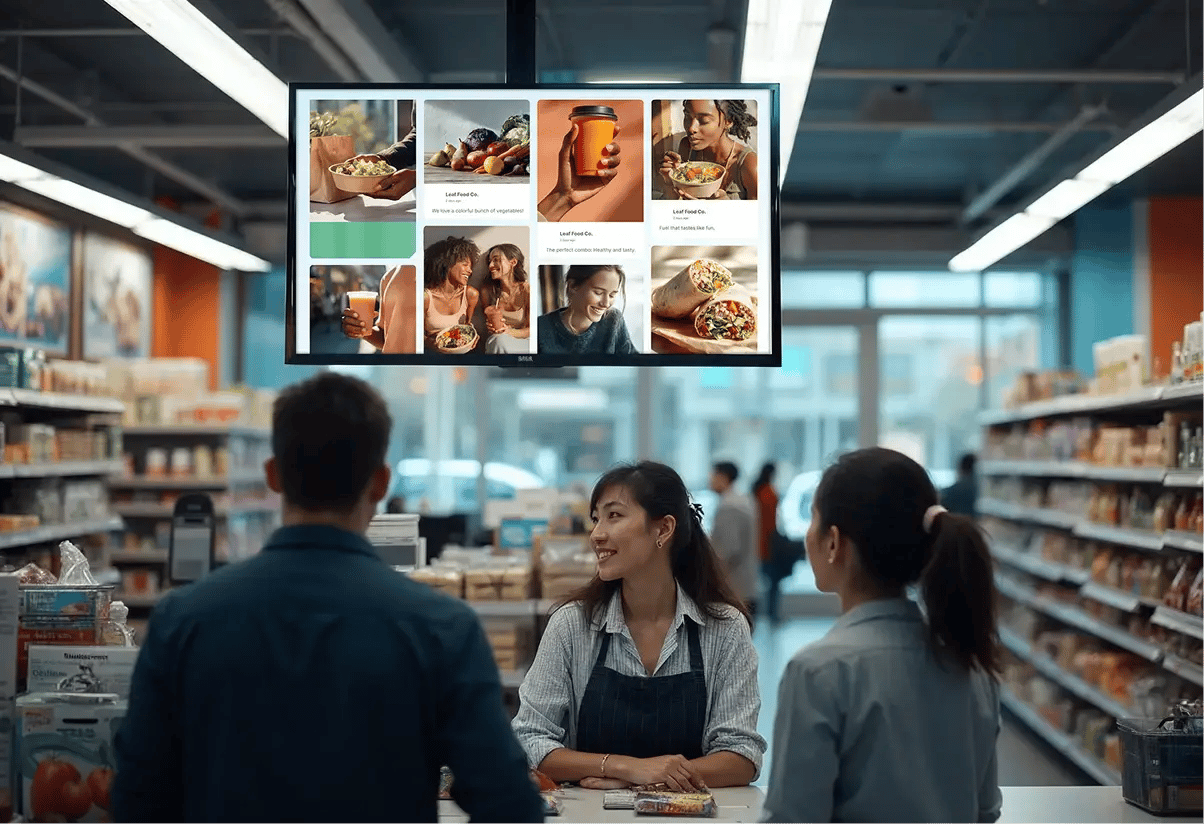 A male and female customer in a grocery store speaking with  female clerk and viewing a digital display in the background