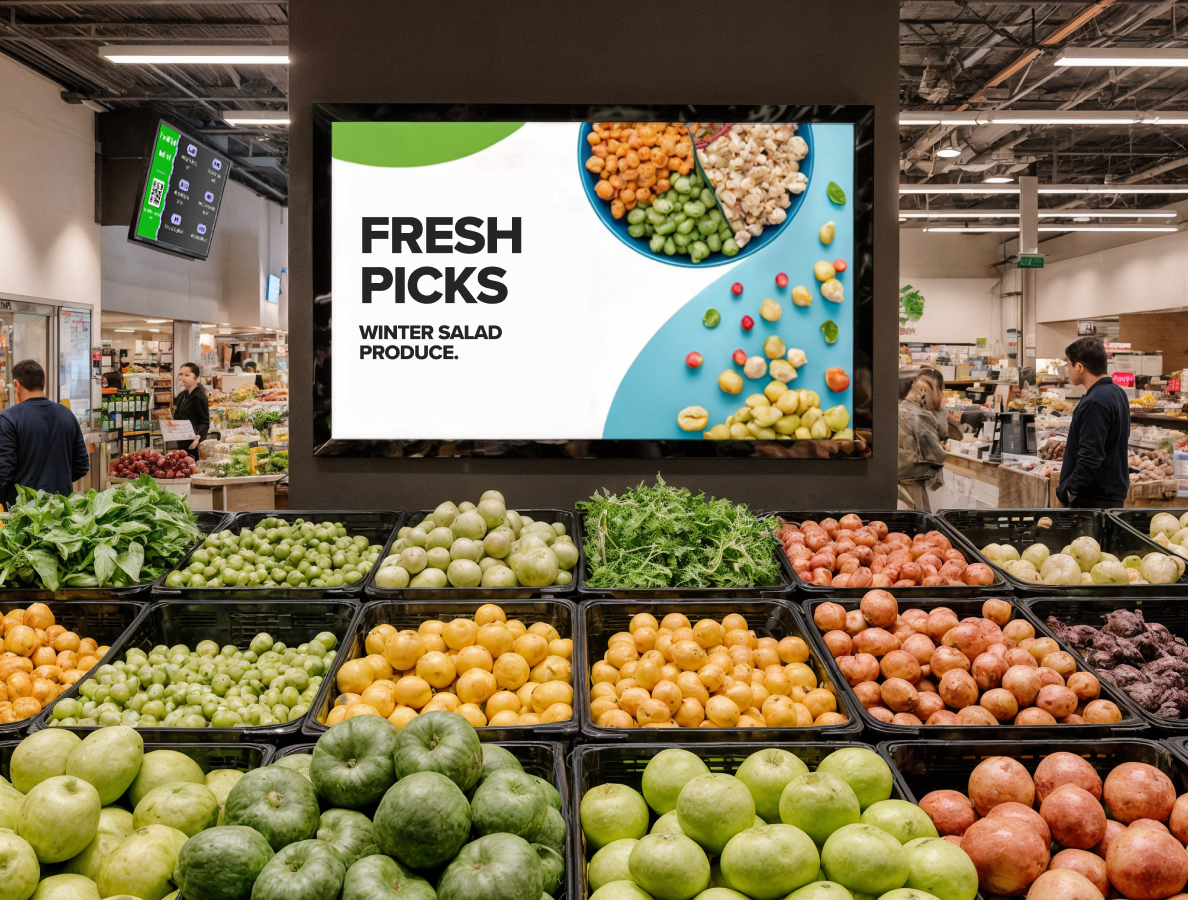 Interior of a supermarket showing a digital display
