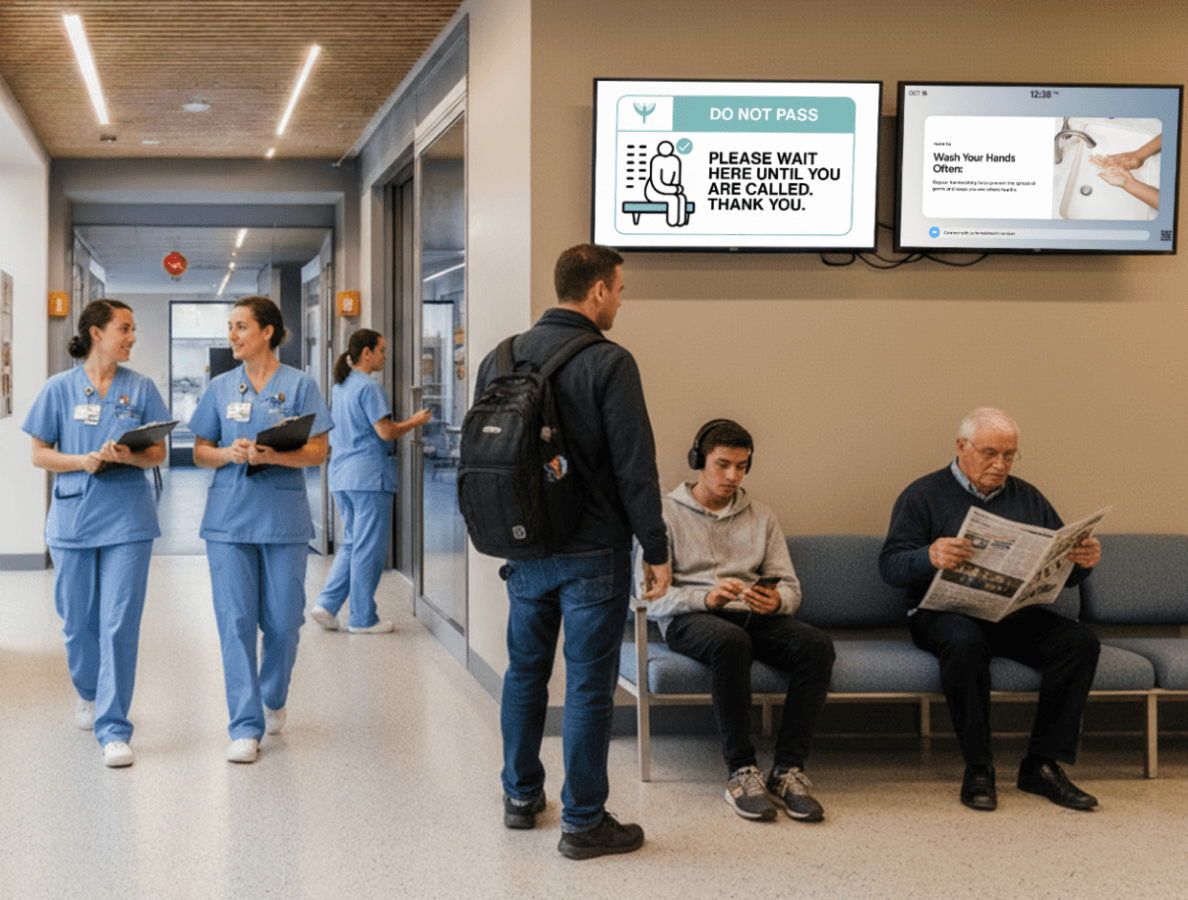 Nurses walking along patients sitting in a hospital waiting room with digital displays on the wall