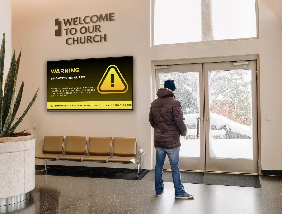 Emergency alerts digital signage on a wall in a church