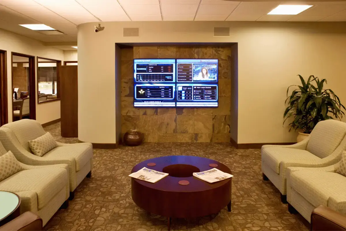 Four large dispays on a wall of a customer waiting room