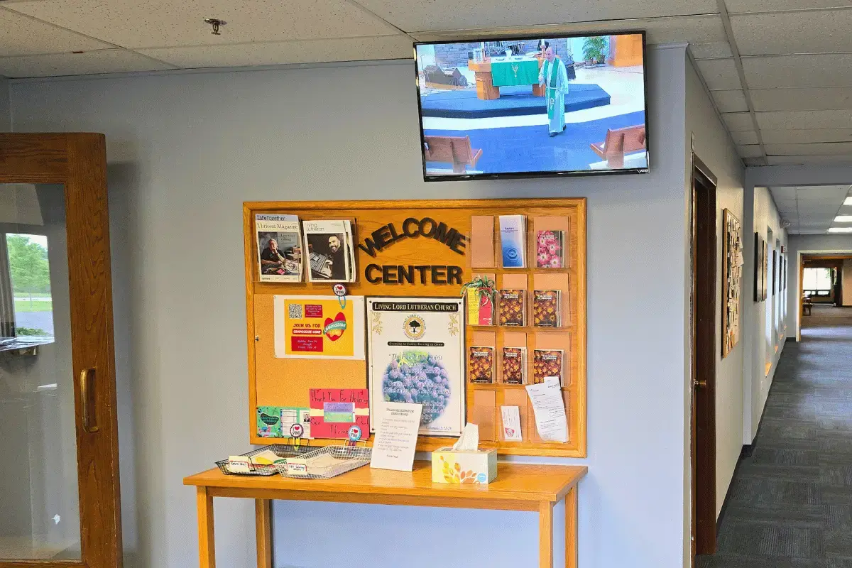 A small mounted display on top of a table