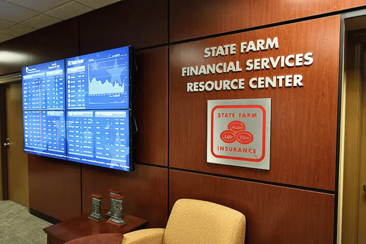 A digital signage display at a State Farm Insurance lobby