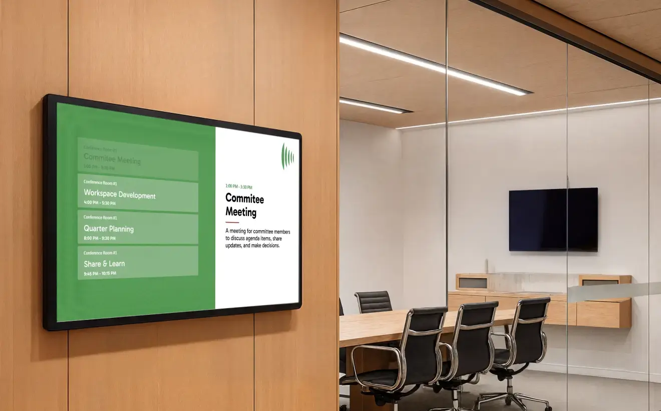Office conference room with a large digital display signage on mounted on the outside wall
