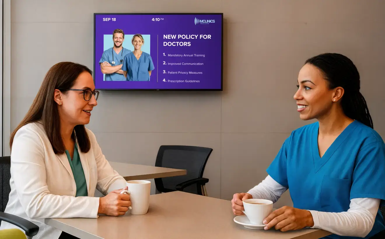 A female doctor and female nurse sitting in a hospital cafeteria and drinking coffee with a tv display signage in on the wall