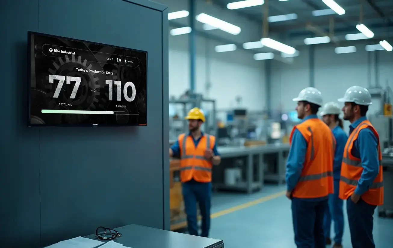Manufacturing employees wearing hard hats standing and discussing a project with a digital board mounted on the wall