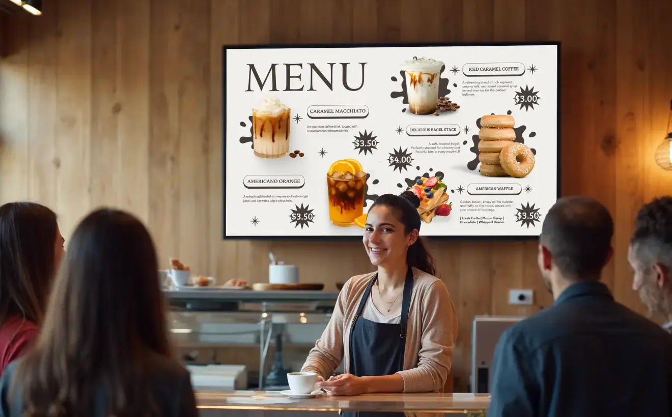 A coffee shop barista taking orders from customers with a digital menu board behind her