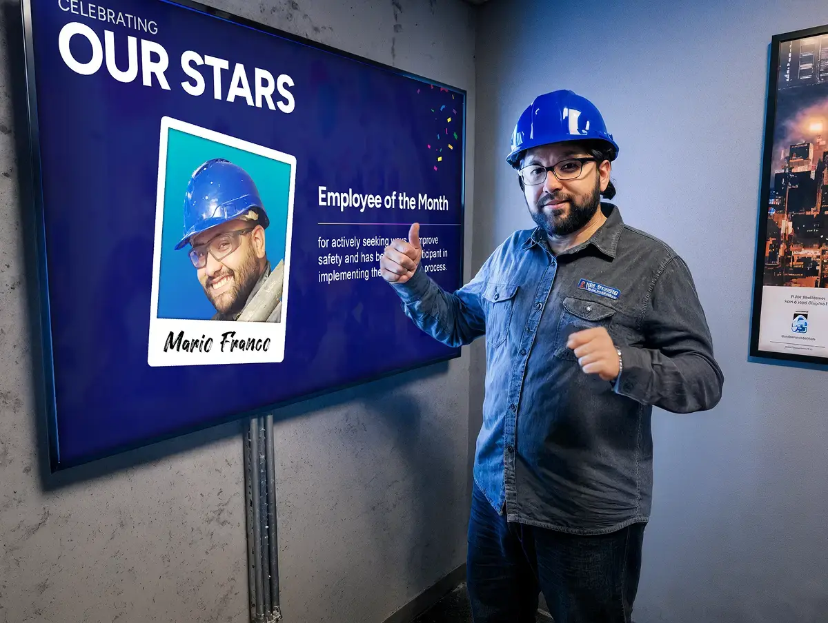 An engineer wearing a hard hat standing next to a digital display recognizing his achievement as employee of the month