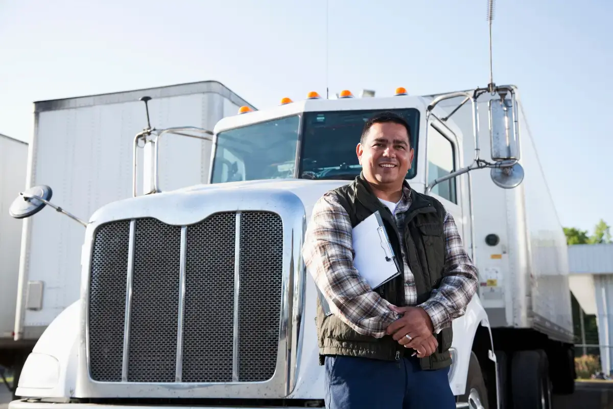A transportation worker smiling in front of his truck while he faces the camera